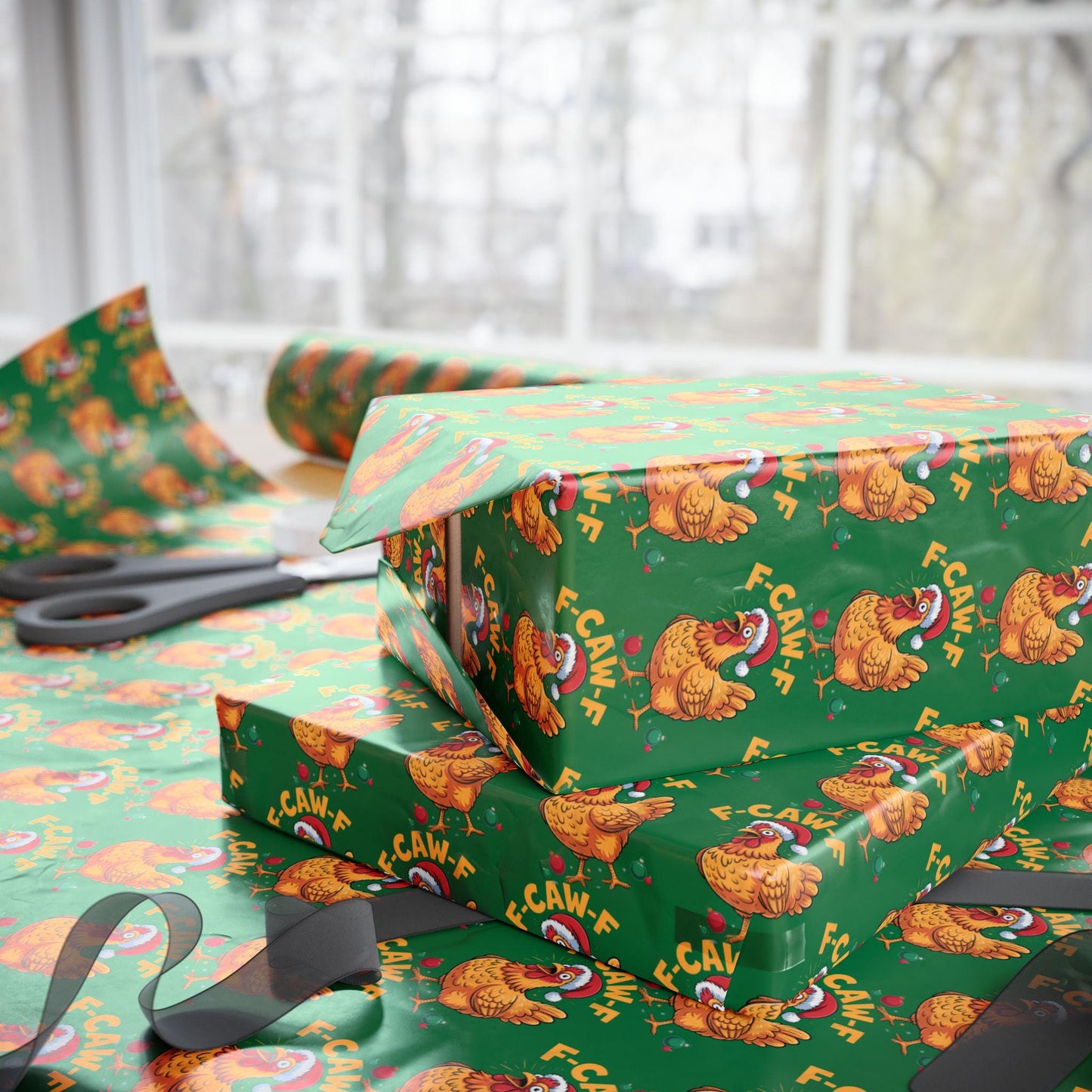 Funny F-Caw-F Chicken Christmas Wrapping Paper Holiday Gift Wrap Gag Gift Wrap Seasonal Gift Wrap