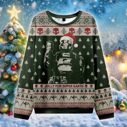 Helldivers Ugly Christmas Sweater, Jolly for Super Earth Gamer Xmas Jumper, Funny Sci-Fi Holiday Sweater for Game Fan, Geeky Christmas Gift