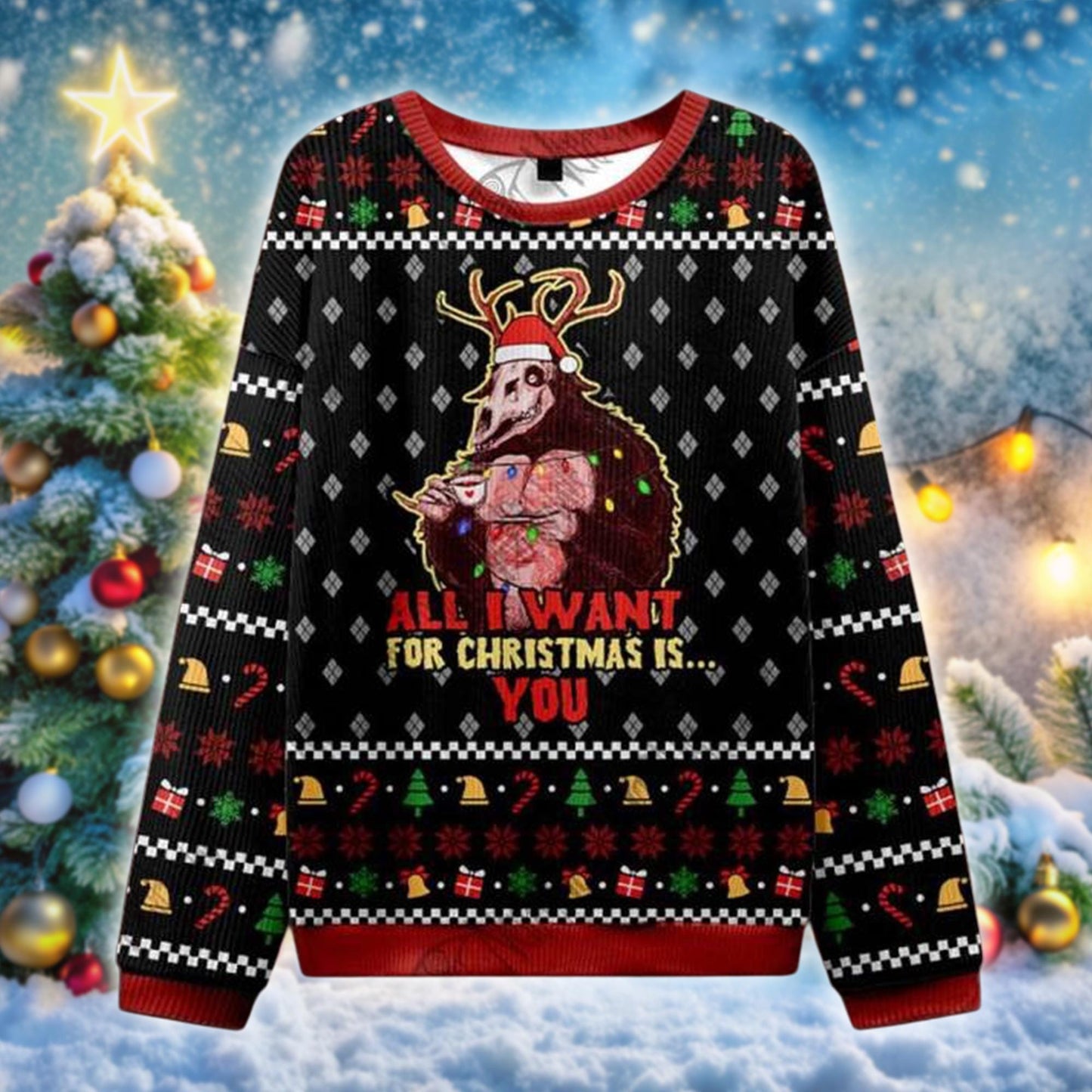 Monster Ugly Christmas Sweater, All I Want for Christmas is You Horror Xmas Jumper, Creepy Cute Holiday Sweater for Horror Fans Weird Gifts