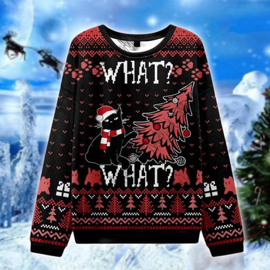 Funny Cat Christmas Ugly Sweater, Black Cat Tree Destroyer Sweatshirt, Xmas Humor Sweater, Unisex Holiday Cat Gift Sweater