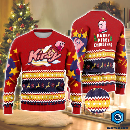 Cute Kirby Ugly Christmas Sweater, Pink Kirkby Christmas Sweater, Gift for Kirkby Lovers, Video Games Sweater