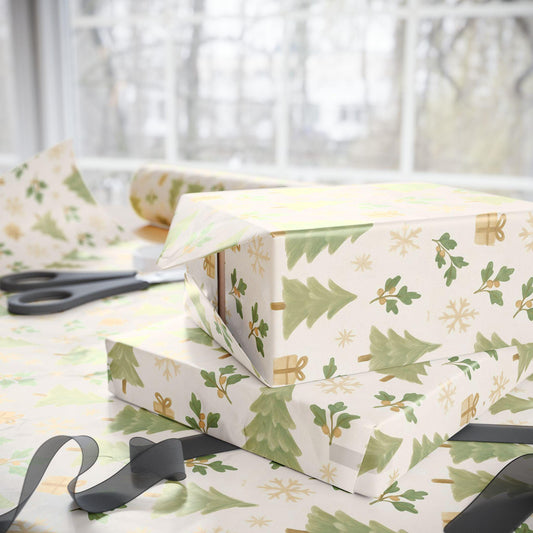Christmas Tree Wrapping Paper | Elegant Holiday Gift Wrap | Green & Gold Christmas Decor | Winter Gift Wrap | Festive Wrapping Sheets