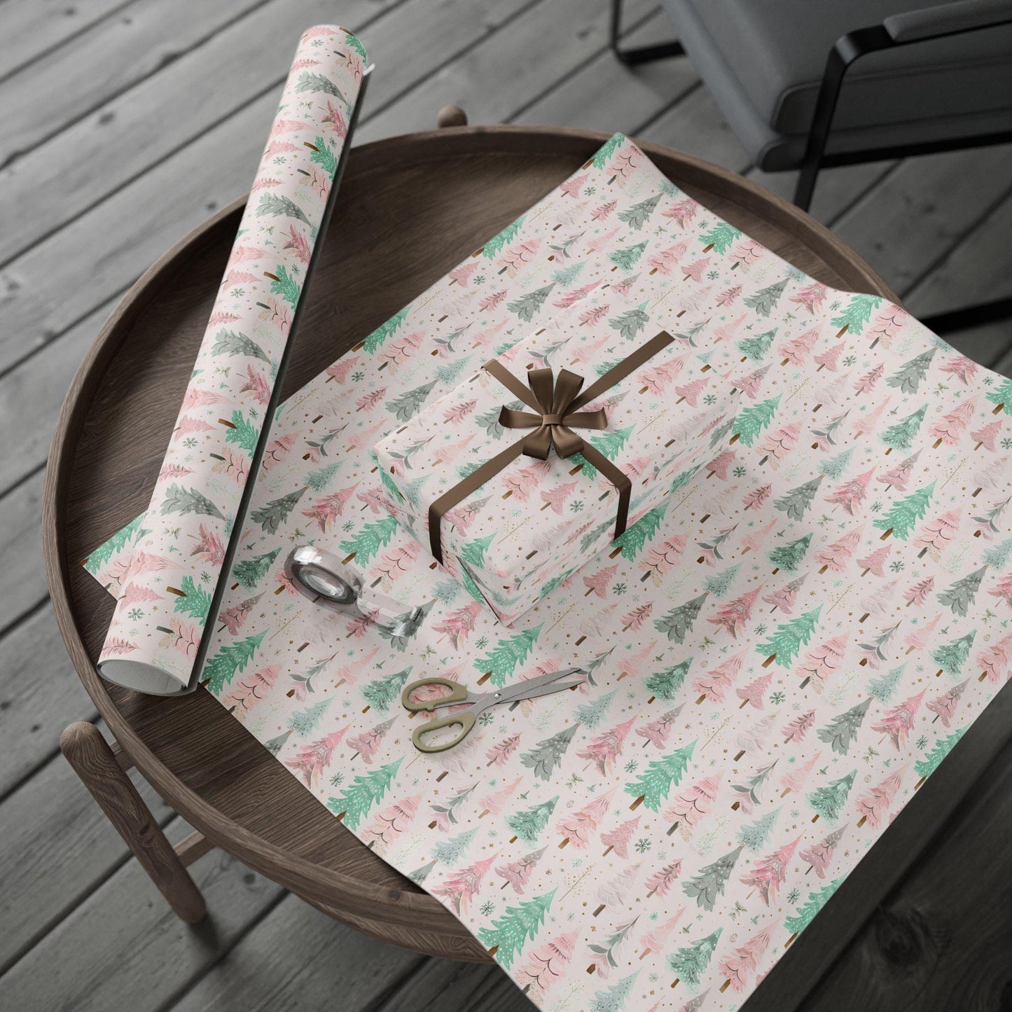 Pink Christmas Tree Wrapping Paper- Modern Holiday Gift Wrap, Watercolor Tree Print, Festive Winter Gift Wrap, Cute Pastel Christmas Decor