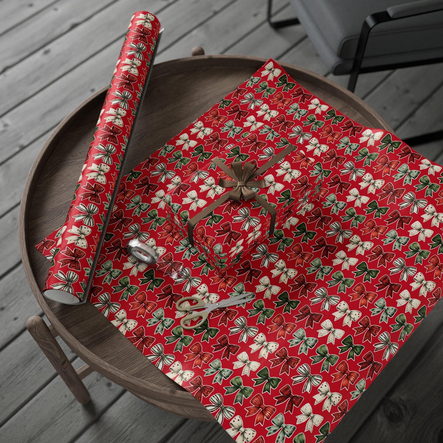 Red Christmas Bow Wrapping Paper | Festive Holiday Gift Wrap | Green & White Ribbon Design | Elegant Xmas Packaging | Holiday Decor