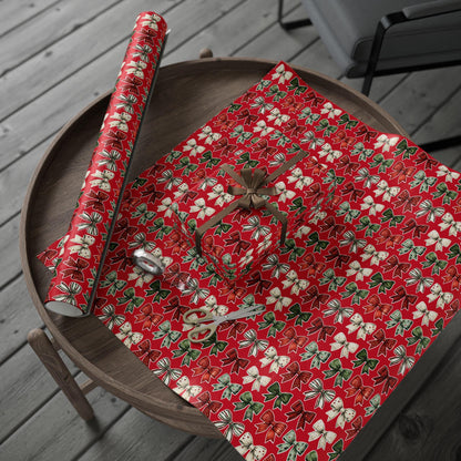 Red Christmas Bow Wrapping Paper | Festive Holiday Gift Wrap | Green & White Ribbon Design | Elegant Xmas Packaging | Holiday Decor