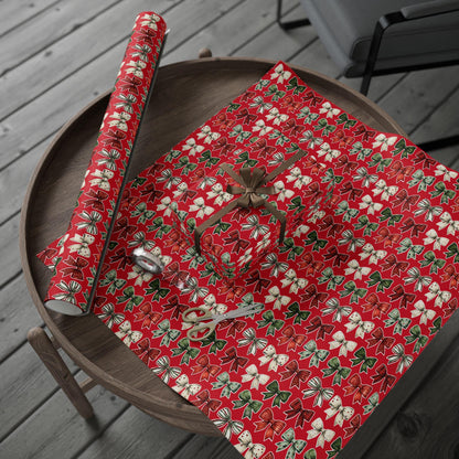 Red Christmas Bow Wrapping Paper | Festive Holiday Gift Wrap | Green & White Ribbon Design | Elegant Xmas Packaging | Holiday Decor