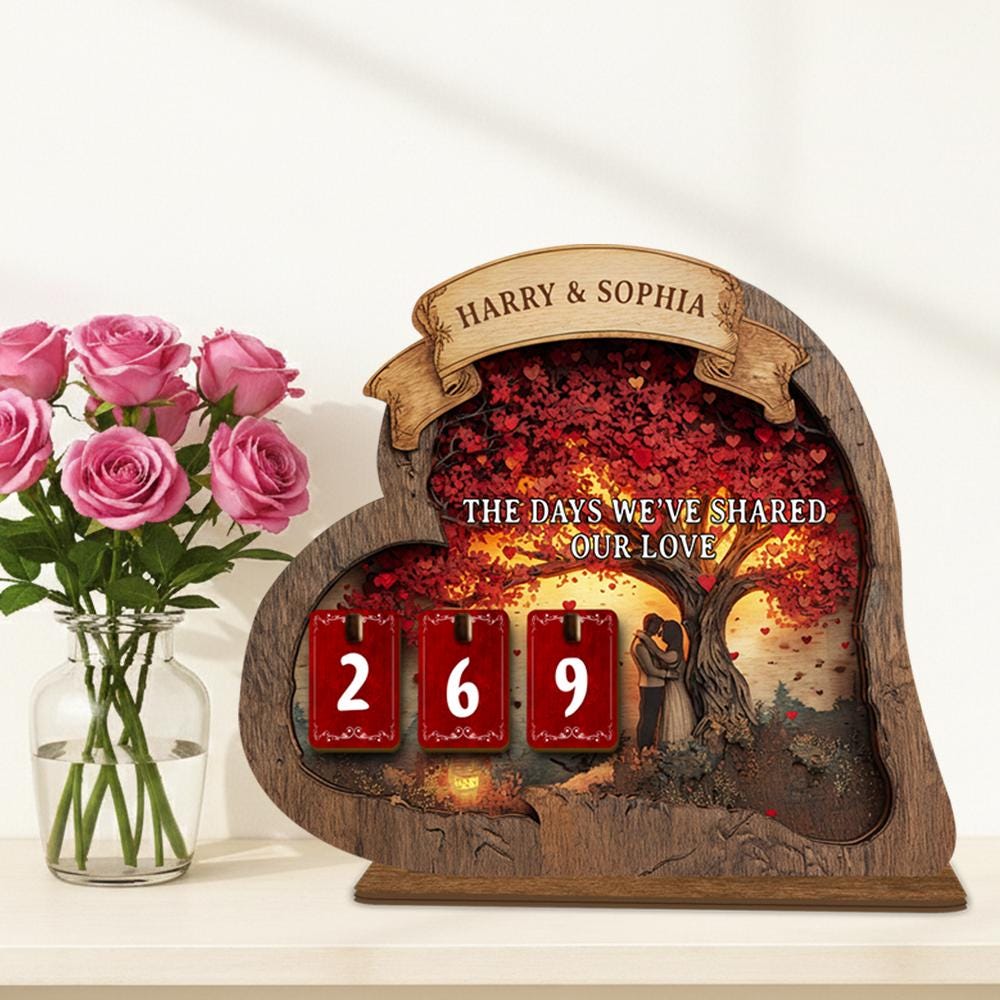 Personalized Love Days Wooden Counter, Heart Anniversary Gift