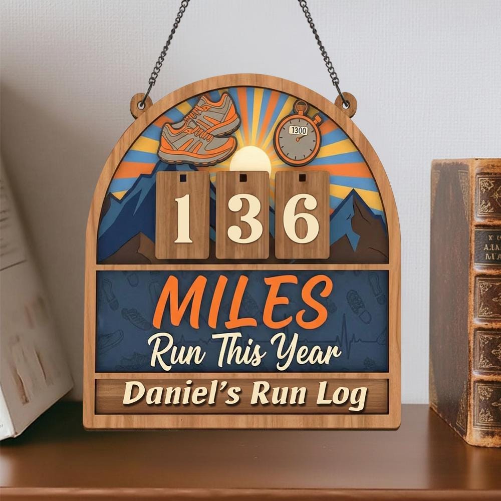 Personalized Running miles tracker sign, yearly mileage tracker, wooden mile counter, runner gift, fitness décor,running log sign