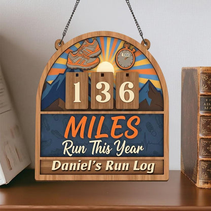 Personalized Running miles tracker sign, yearly mileage tracker, wooden mile counter, runner gift, fitness décor,running log sign