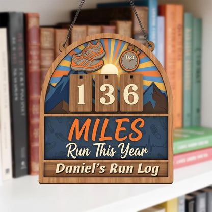 Personalized Running miles tracker sign, yearly mileage tracker, wooden mile counter, runner gift, fitness décor,running log sign