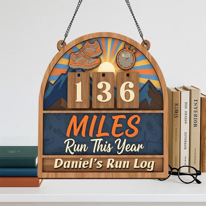 Personalized Running miles tracker sign, yearly mileage tracker, wooden mile counter, runner gift, fitness décor,running log sign