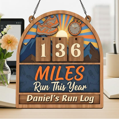 Personalized Running miles tracker sign, yearly mileage tracker, wooden mile counter, runner gift, fitness décor,running log sign