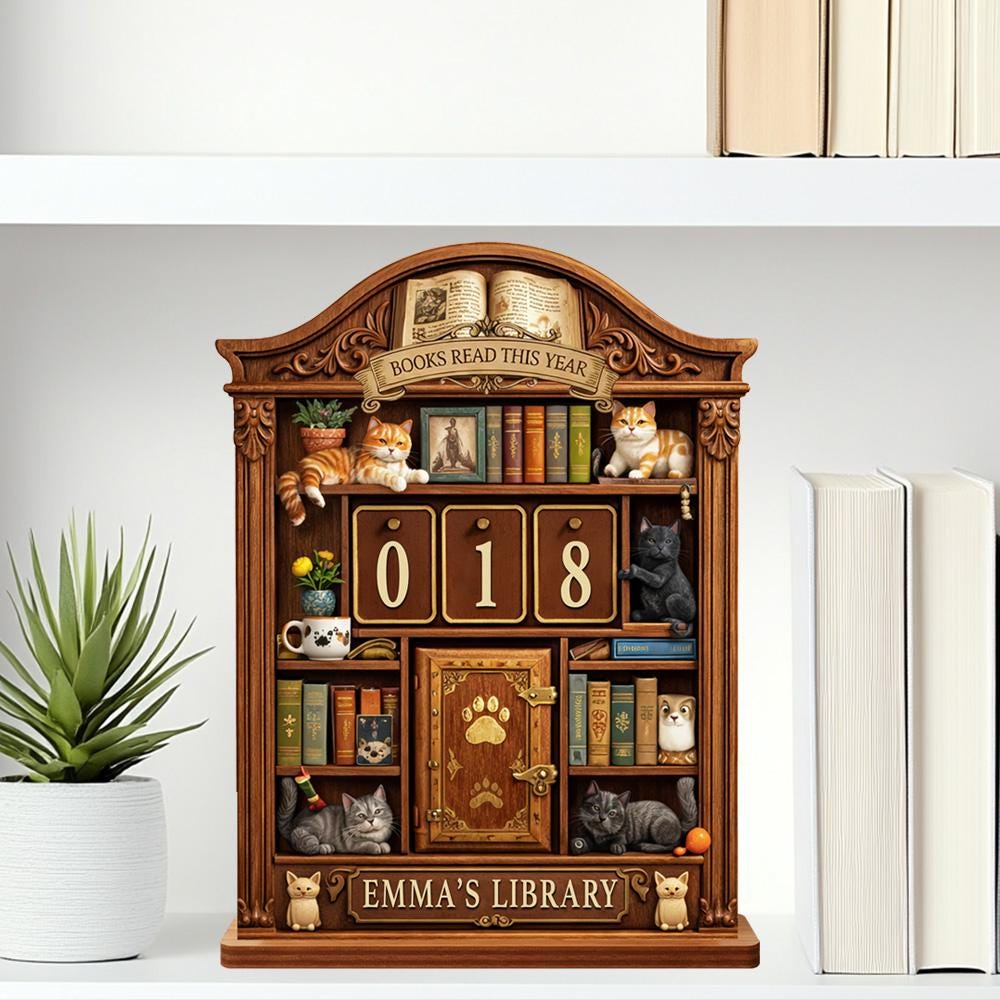 Personalized Books Read Tracker | Cat Library Desk Decor | Cozy Bookshelf Reading Challenge Counter Display | Book Lover Gift | Reader Sign
