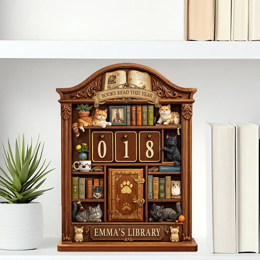 Personalized Books Read Tracker | Cat Library Desk Decor | Cozy Bookshelf Reading Challenge Counter Display | Book Lover Gift | Reader Sign