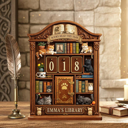 Personalized Books Read Tracker | Cat Library Desk Decor | Cozy Bookshelf Reading Challenge Counter Display | Book Lover Gift | Reader Sign