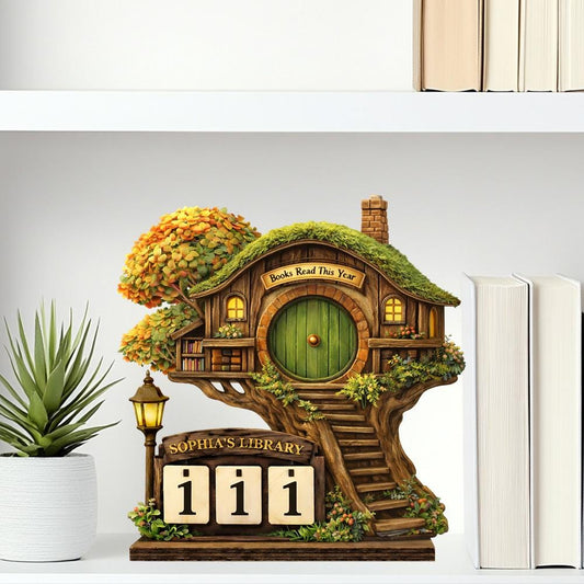 Personalized Books Read Tracker | Whimsical Treehouse Cottage Decor | Cozy Woodland Reading Challenge Counter Display | Fantasy Desk Sign