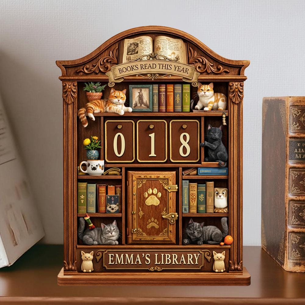 Personalized Books Read Tracker | Cat Library Desk Decor | Cozy Bookshelf Reading Challenge Counter Display | Book Lover Gift | Reader Sign