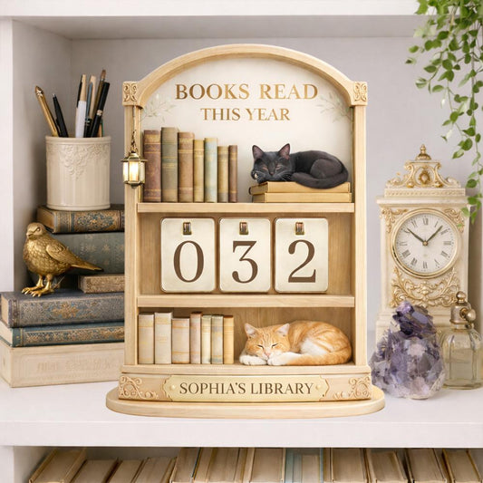 Wooden Books Read Tracker with Cats, Personalized Library Decor