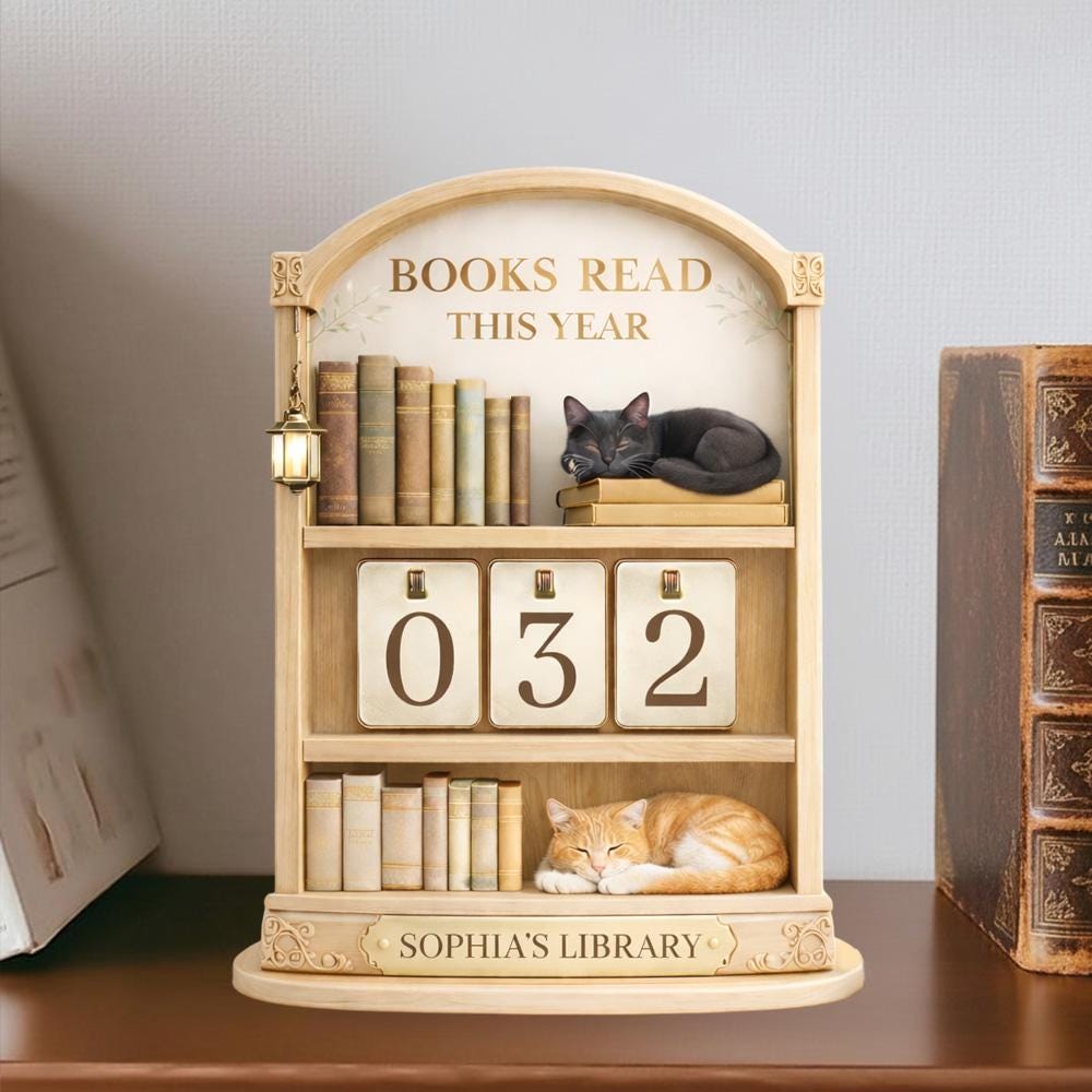 Wooden Books Read Tracker with Cats, Personalized Library Decor