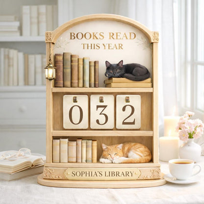 Wooden Books Read Tracker with Cats, Personalized Library Decor