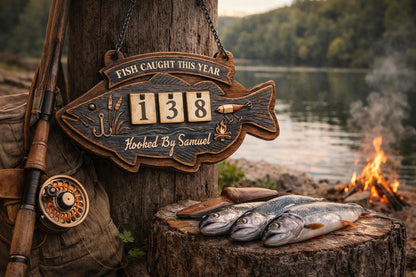 Personalized Fish Catch Tracker | Rustic Wood Angler Sign