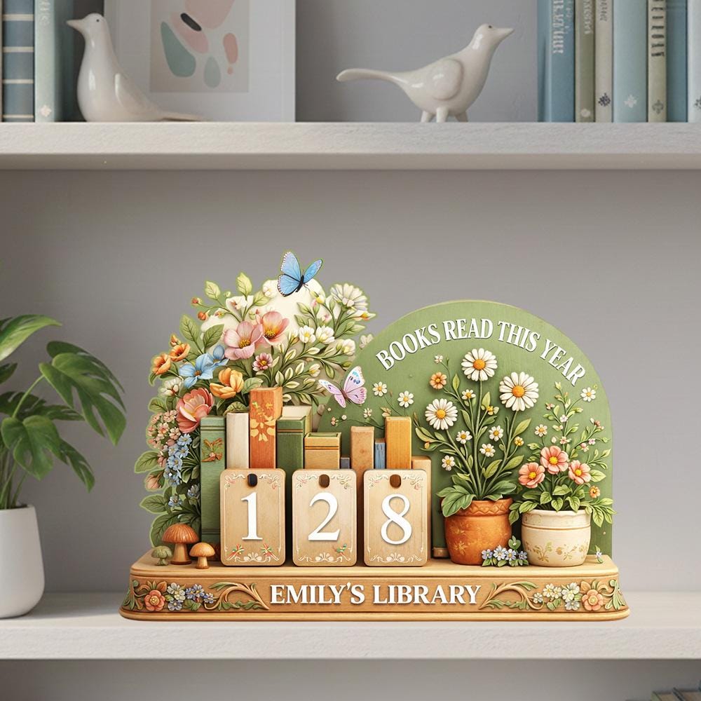 Floral Wooden Book Reading Tracker, Personalized Library Decor