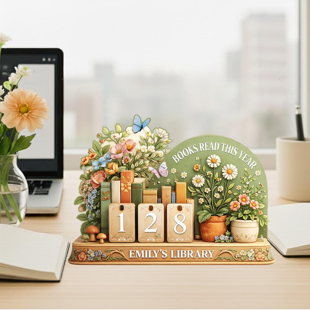 Floral Wooden Book Reading Tracker, Personalized Library Decor