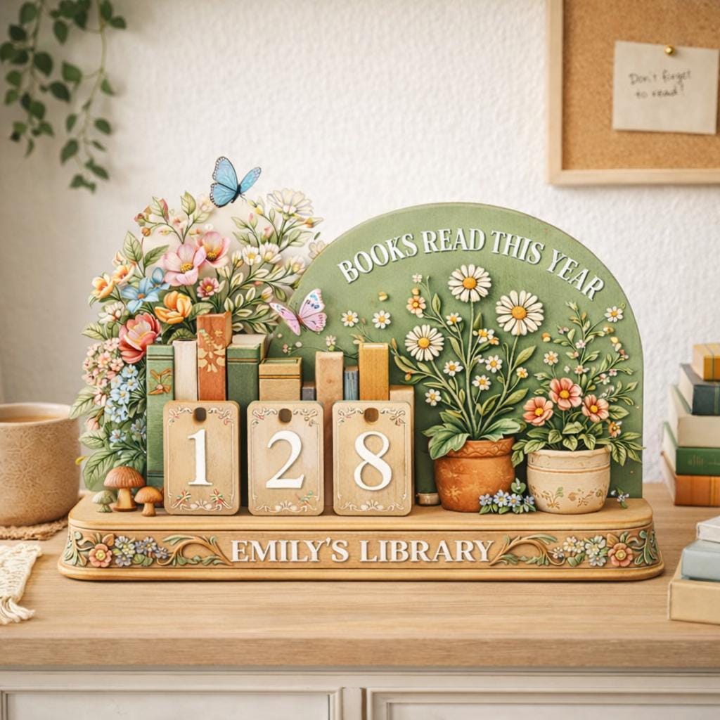 Floral Wooden Book Reading Tracker, Personalized Library Decor