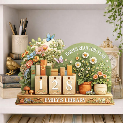Floral Wooden Book Reading Tracker, Personalized Library Decor