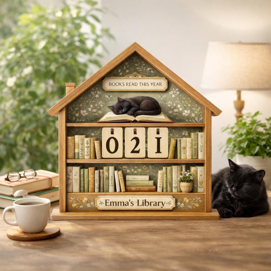 Cozy Cottage Wooden Book Tracker with Cats, Personalized Library Decor