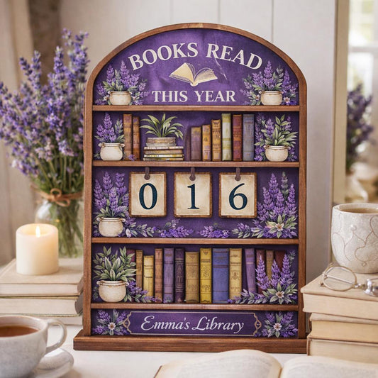 Personalized Wooden Books Read Tracker, Lavender Cottagecore Decor