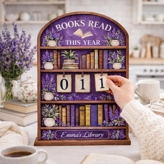 Personalized Wooden Books Read Tracker, Lavender Cottagecore Decor