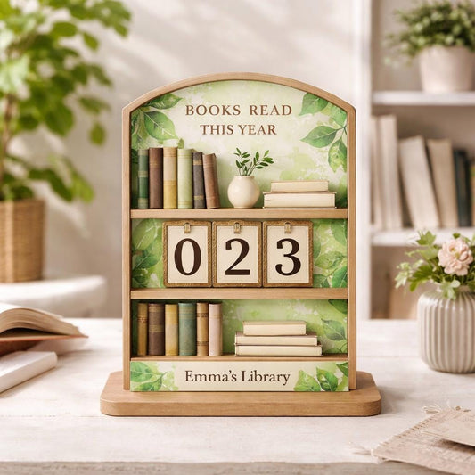 Personalized Wooden Books Read Tracker, Botanical Cottagecore Decor
