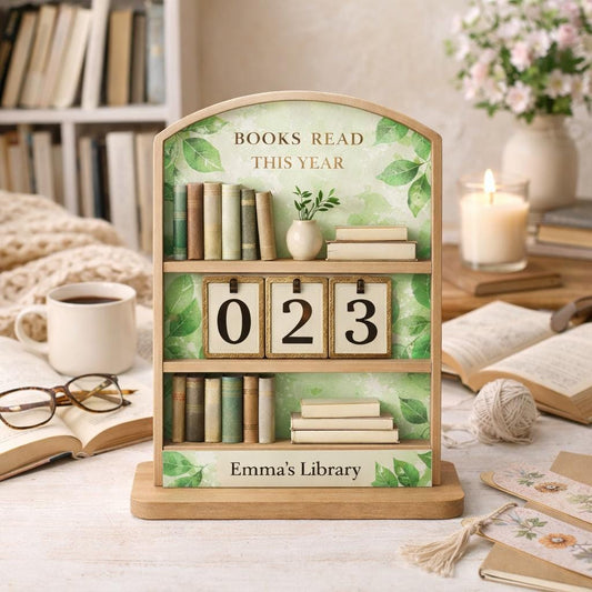 Personalized Wooden Books Read Tracker, Botanical Cottagecore Decor