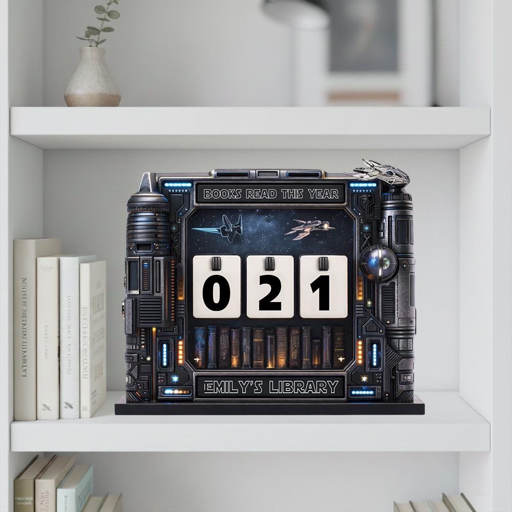 Personalized Sci-Fi Book Tracker, Futuristic Library Decor, Reading Counter