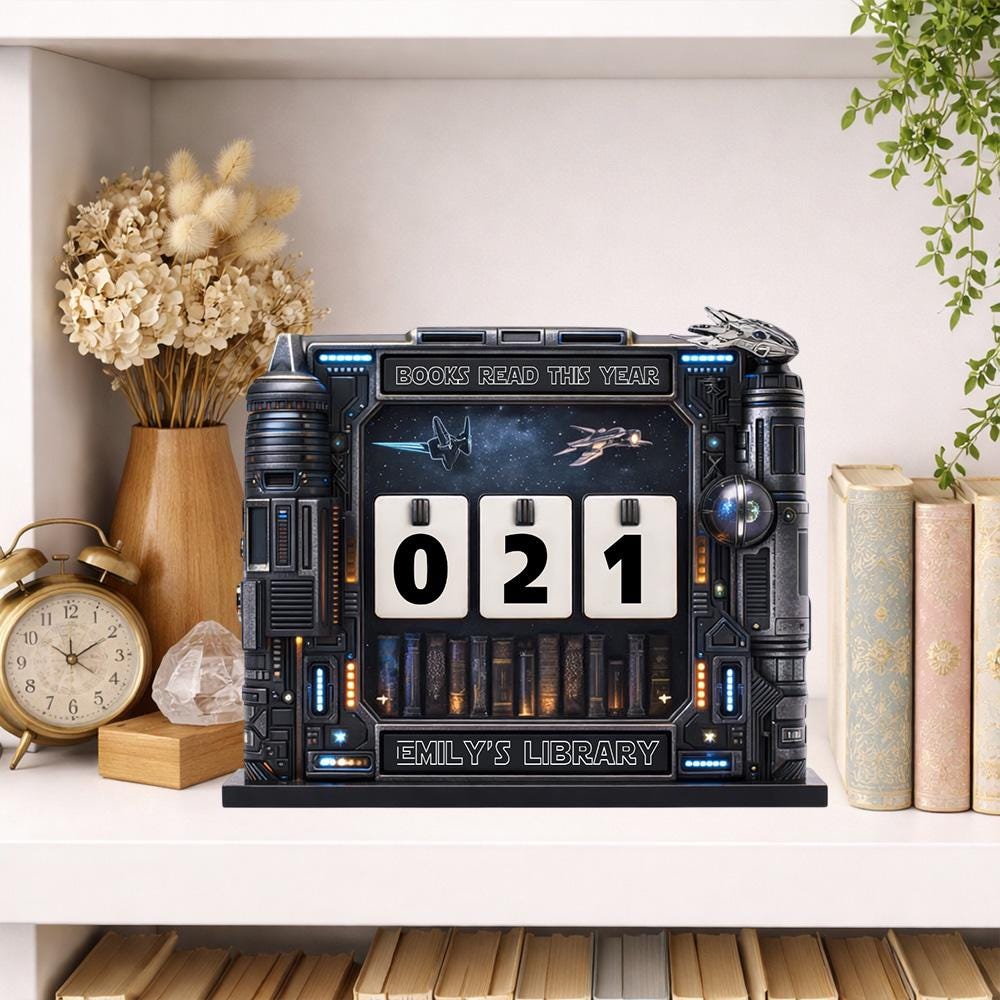 Personalized Sci-Fi Book Tracker, Futuristic Library Decor, Reading Counter