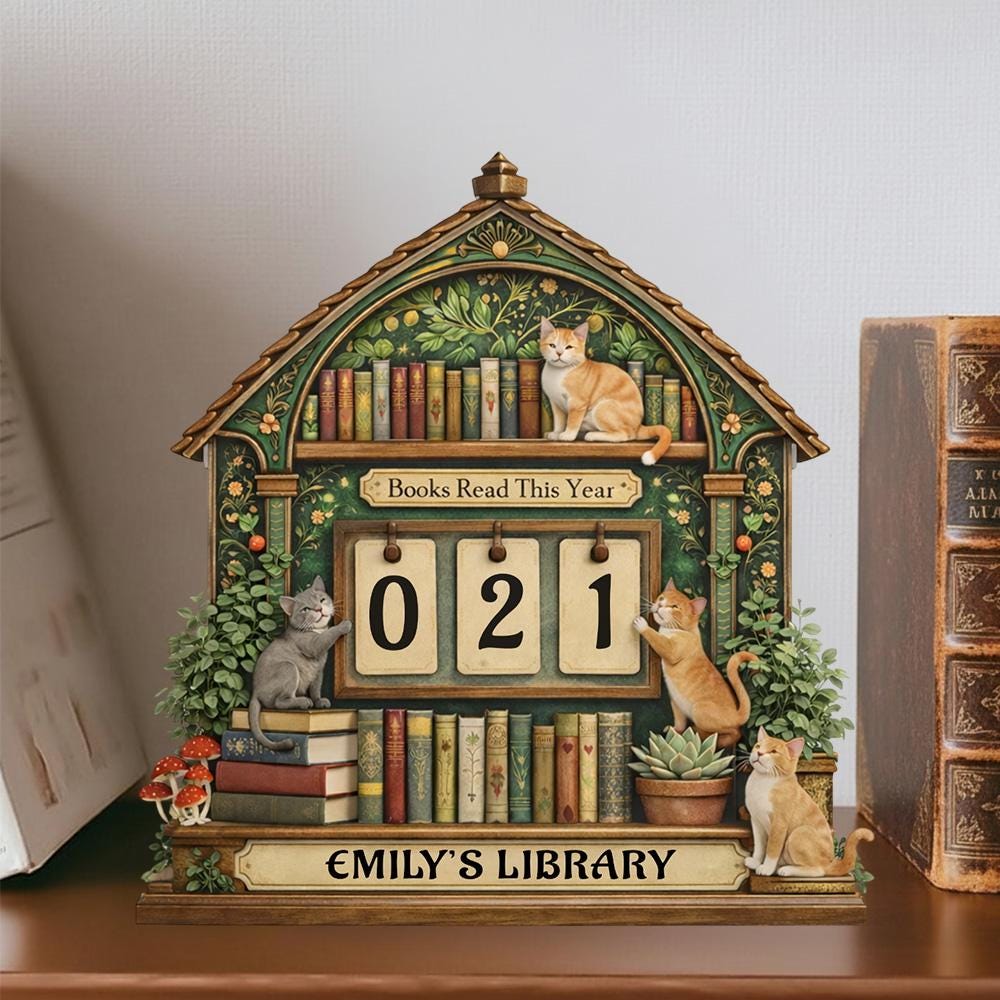 Personalized Wooden Books Read Tracker, Cat Lover Gift, Custom Library Decor