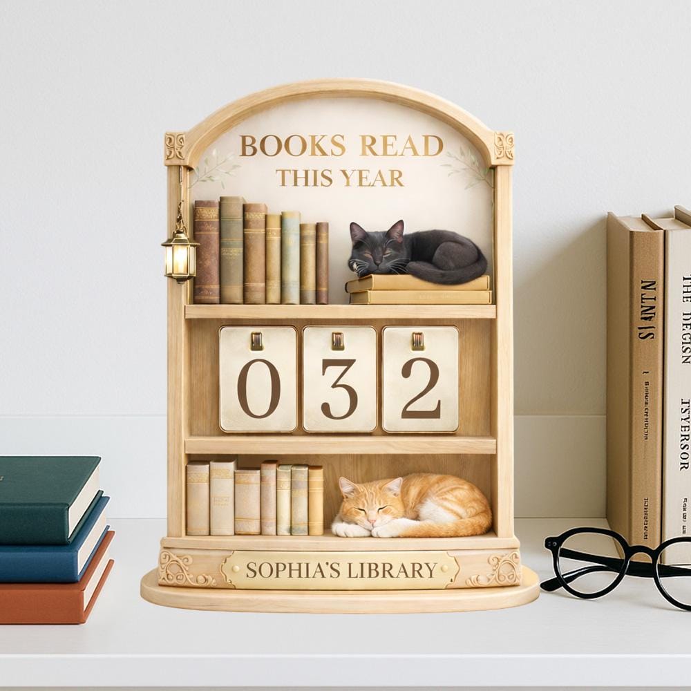 Wooden Books Read Tracker with Cats, Personalized Library Decor