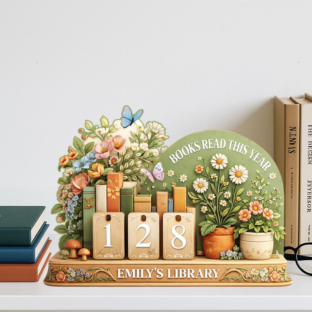 Floral Wooden Book Reading Tracker, Personalized Library Decor