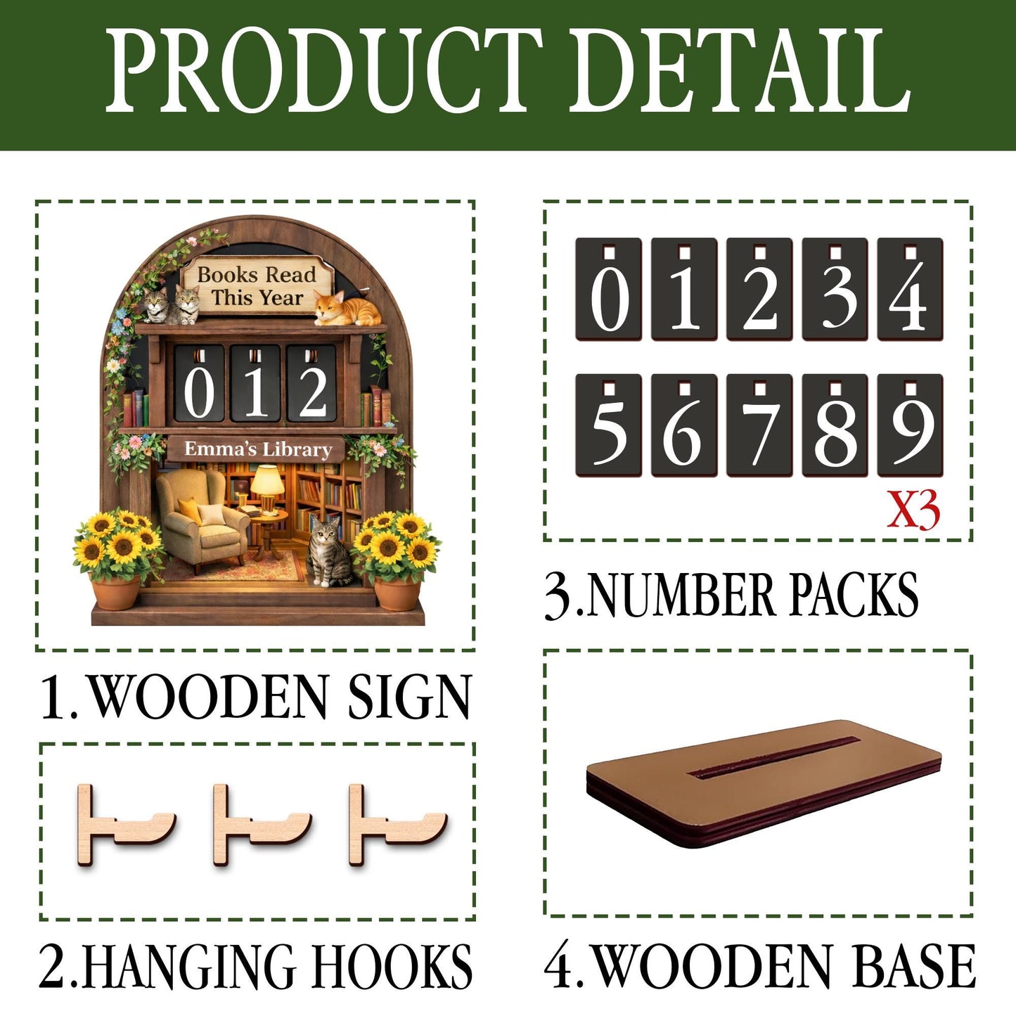 Personalized Wooden Book Tracker, Cozy Library Decor with Cats, Book Lover Gift