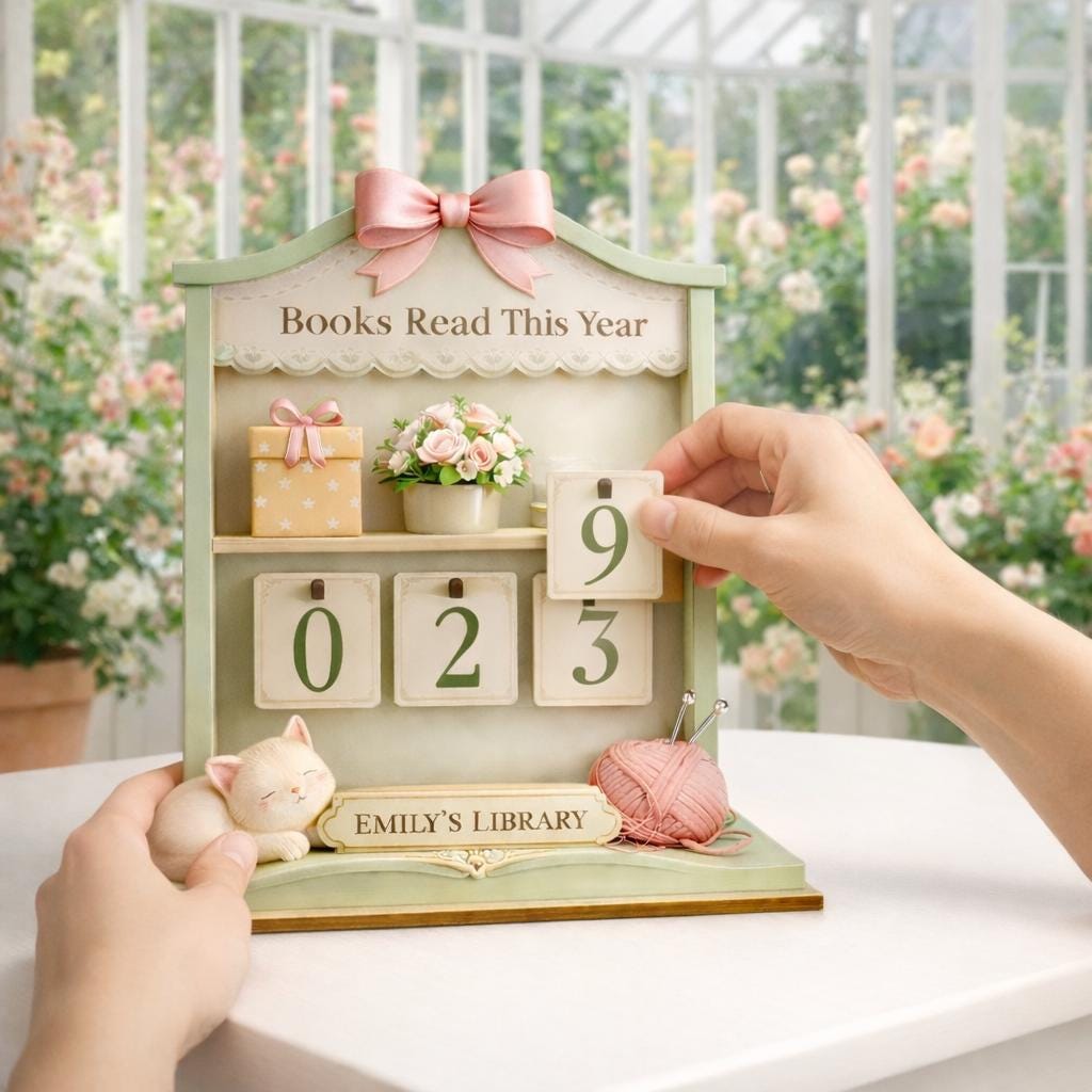 Books Read This Year Wooden Tracker, Personalized Pastel Library Decor with Cat, Custom Name Reading Counter, Cozy Book Lover Gift