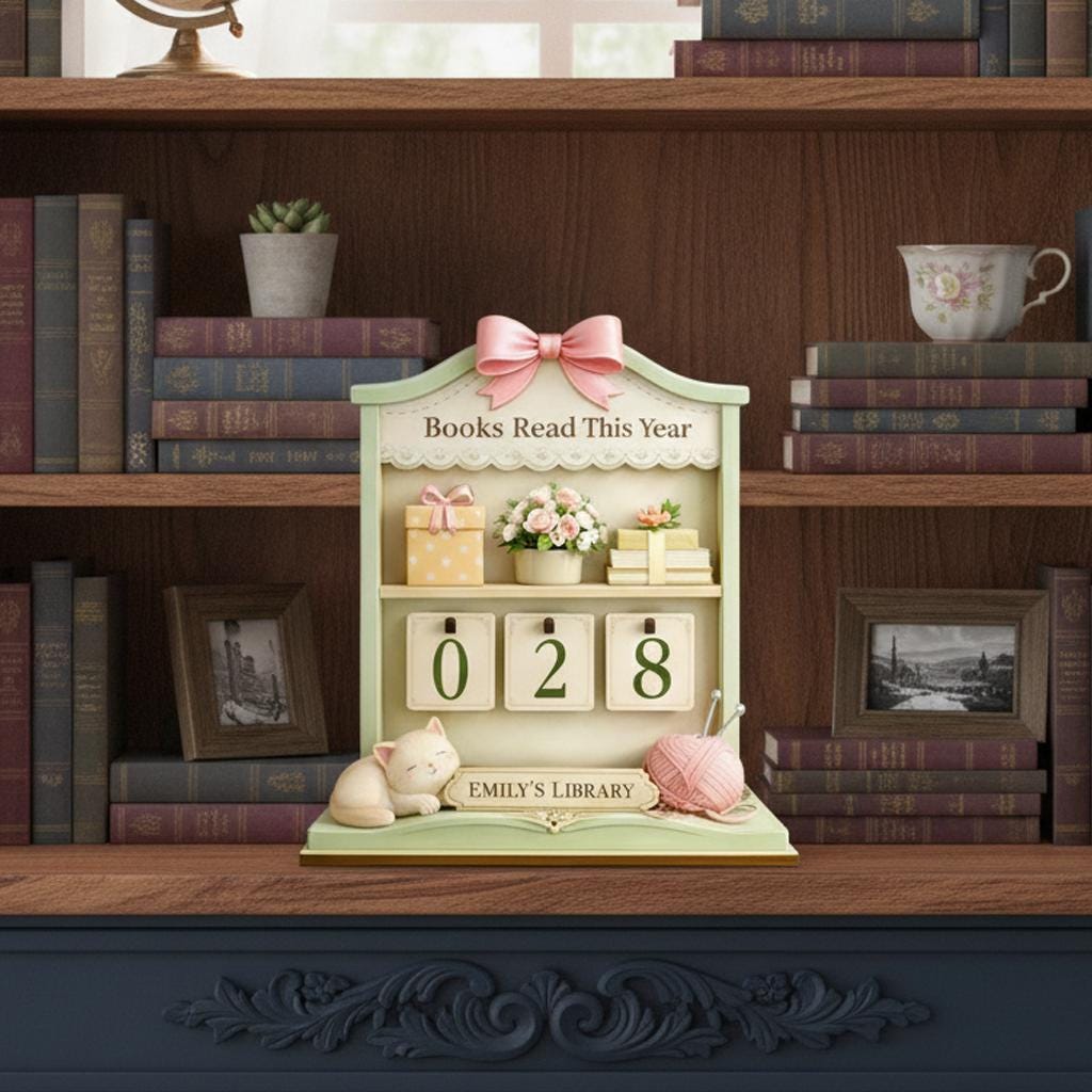 Books Read This Year Wooden Tracker, Personalized Pastel Library Decor with Cat, Custom Name Reading Counter, Cozy Book Lover Gift