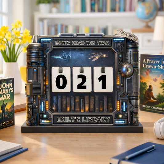 Personalized Sci-Fi Book Tracker, Futuristic Library Decor, Reading Counter