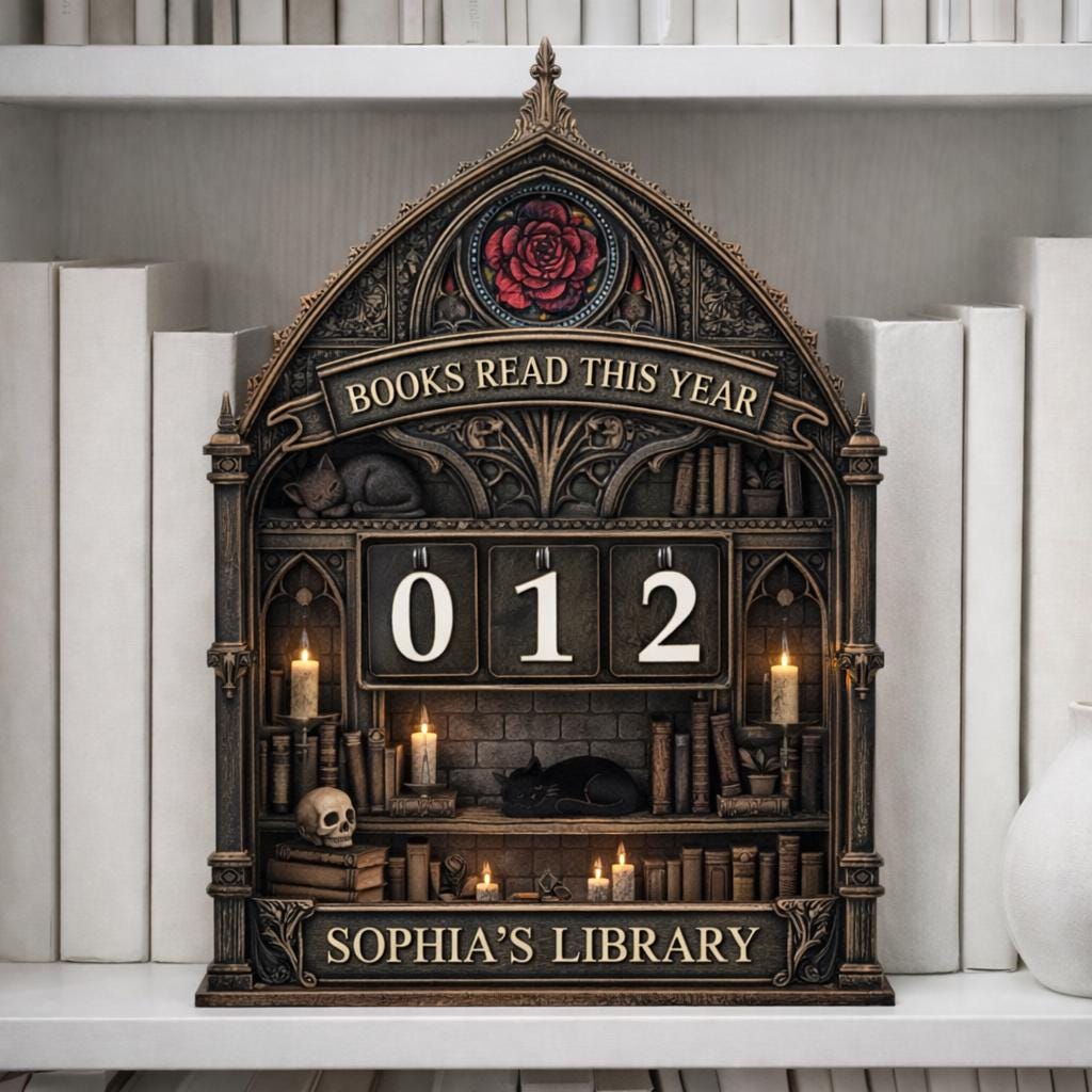 Personalized Wooden Books Read Tracker, Gothic Library Shelf Decor, Custom Name Reading Counter