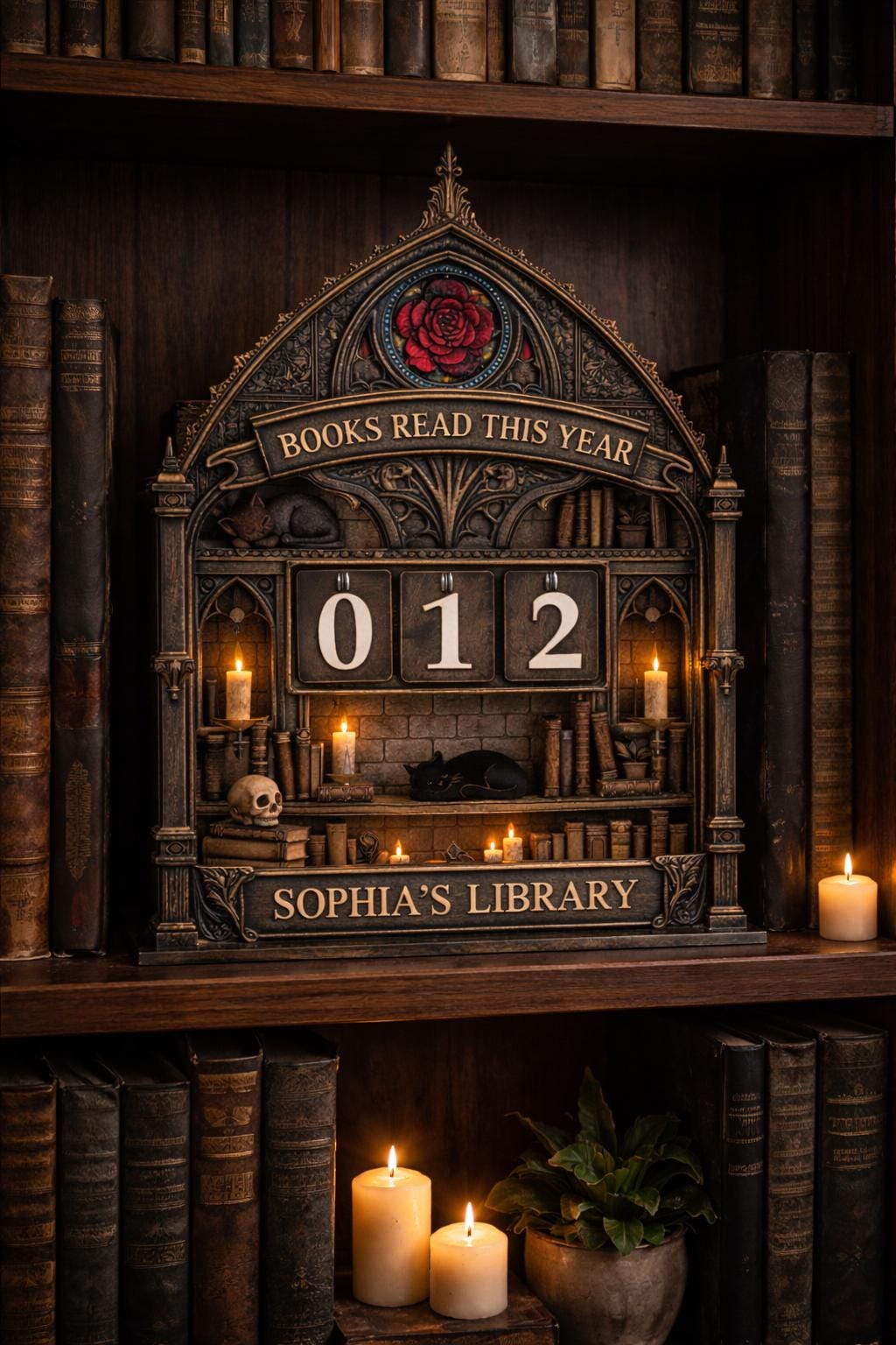 Personalized Wooden Books Read Tracker, Gothic Library Shelf Decor, Custom Name Reading Counter