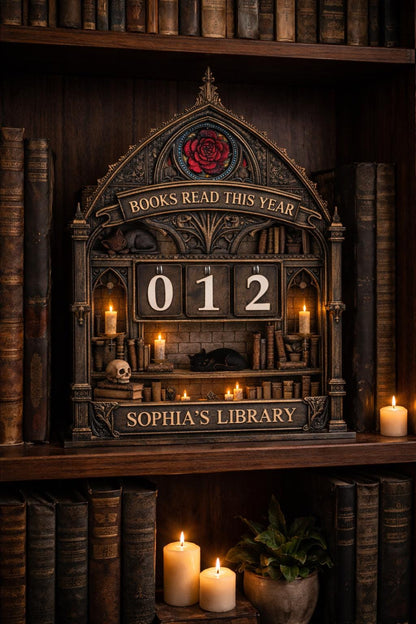 Personalized Wooden Books Read Tracker, Gothic Library Shelf Decor, Custom Name Reading Counter