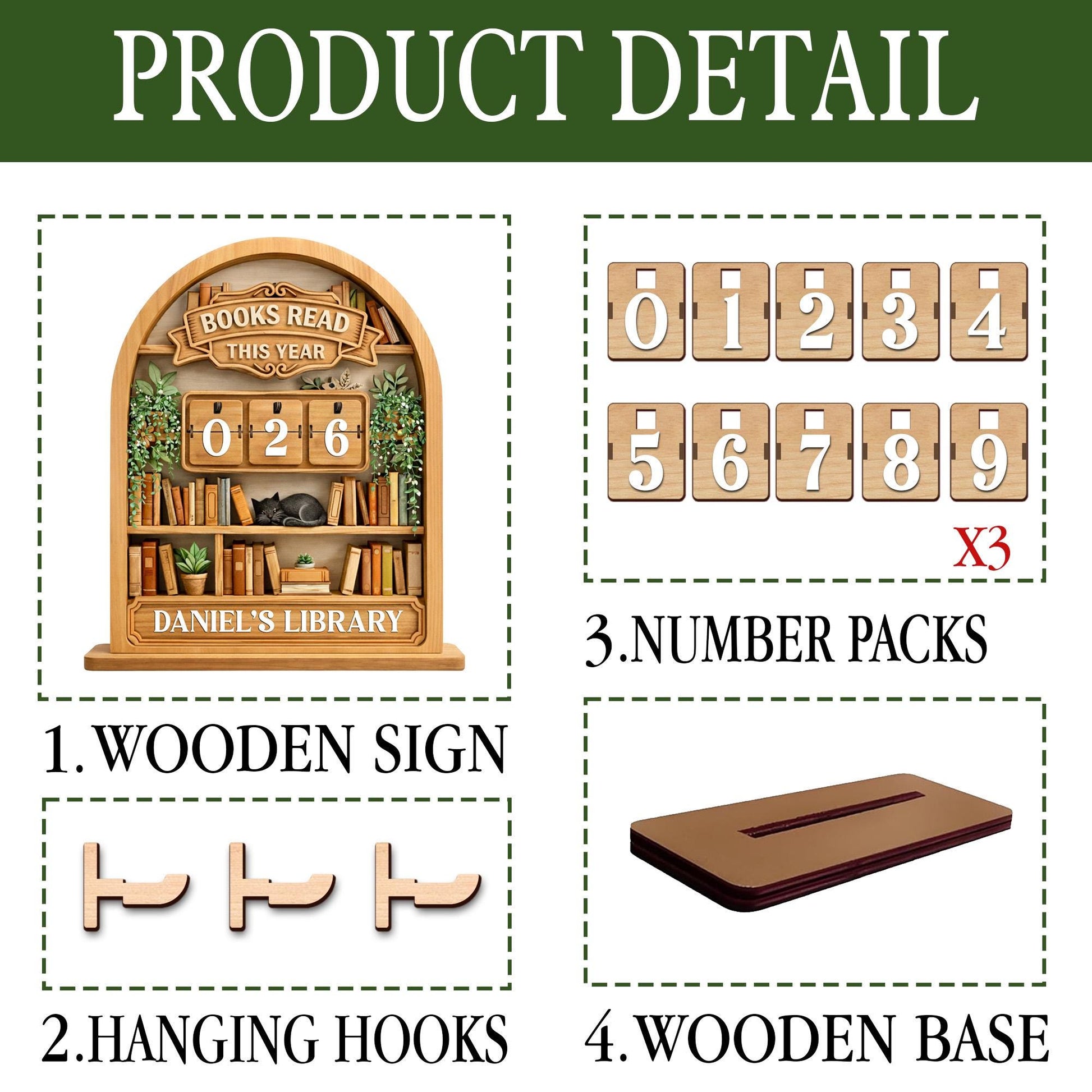 Personalized Wooden Books Read Tracker, Gothic Library Shelf Decor, Custom Name Reading Counter