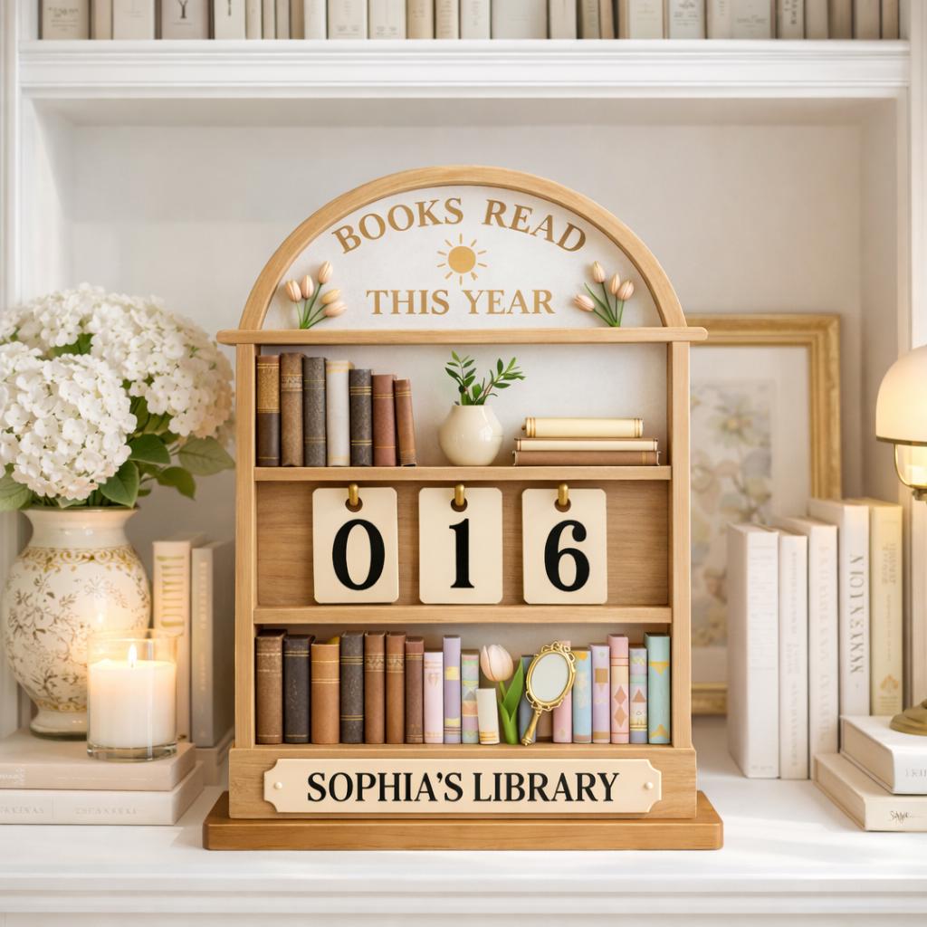 Books Read This Year Wooden Tracker, Personalized Library Shelf Decor, Custom Name Reading Counter, Book Lover Gift, Bookish Home Decor