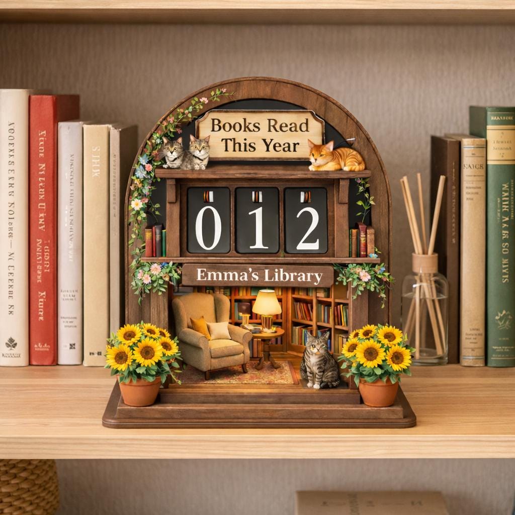 Personalized Wooden Book Tracker, Cozy Library Decor with Cats, Book Lover Gift