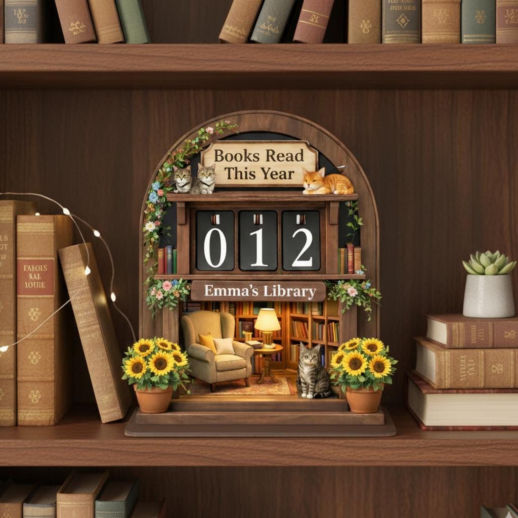 Personalized Wooden Book Tracker, Cozy Library Decor with Cats, Book Lover Gift